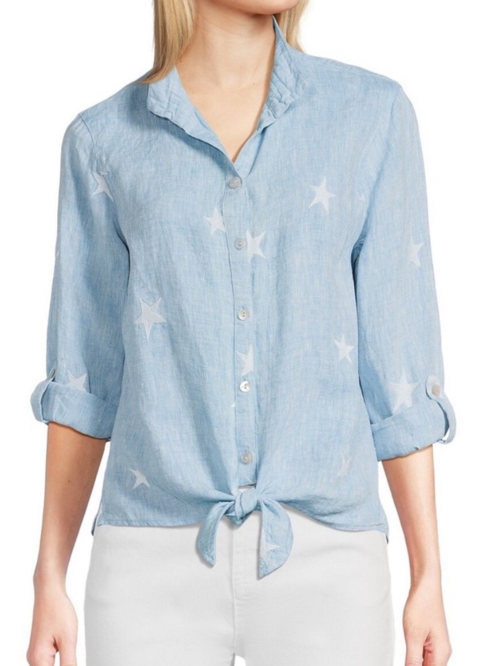 John Mark Light Blue Star-Print Tie-Front Button Down Shirt